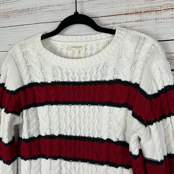 Women's NAF NAF Paris White Red Black Cable Knit Pullover Sweater Casual Cozy S - Picture 2 of 4